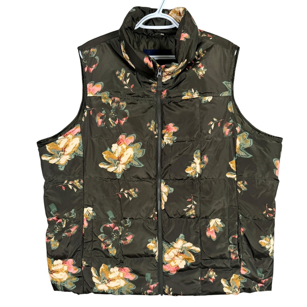 Lands' End Floral Puffer Vest Women 2X 20W-22W Green Down Fill Quilted NEW